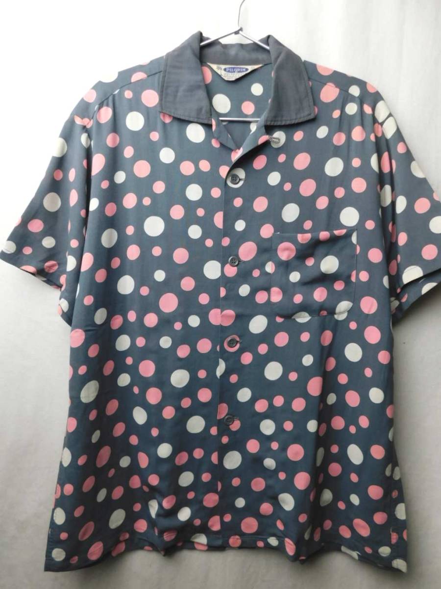 30s40s50s60s Vintage PILGRIMpiru Grimm dot pattern rayon shirt short sleeves gray pink rockabilly 