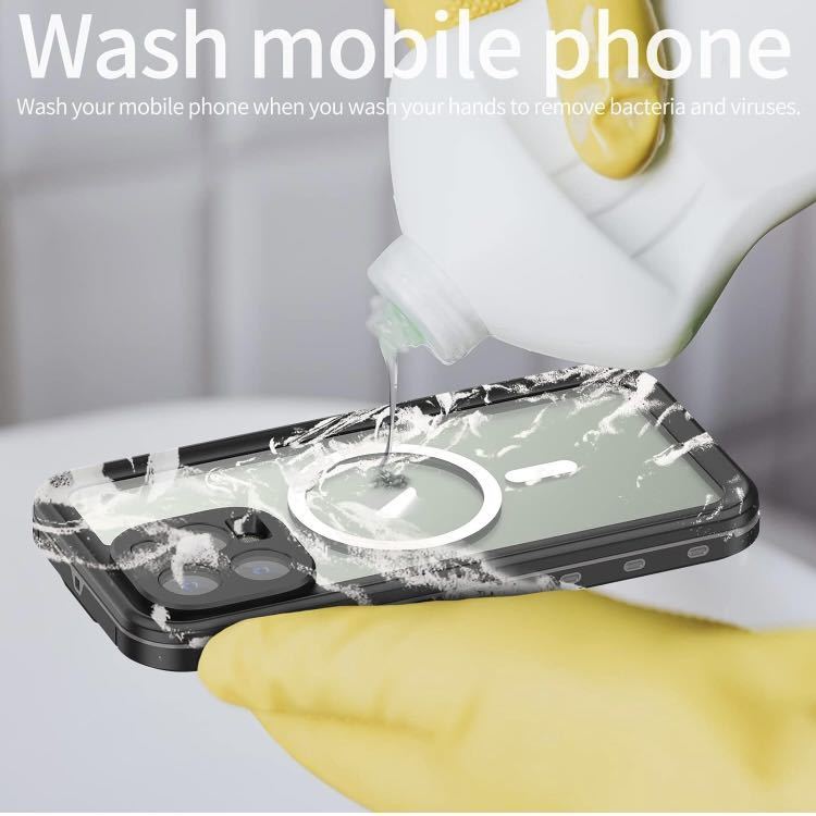 防水 iPhone 14 Pro ケース 360度全面保護 落下防止 Magsafe充電対応 防塵 耐衝撃 頑丈 ストラップホール付き クリア (iPhone14Pro, 黒)_画像7