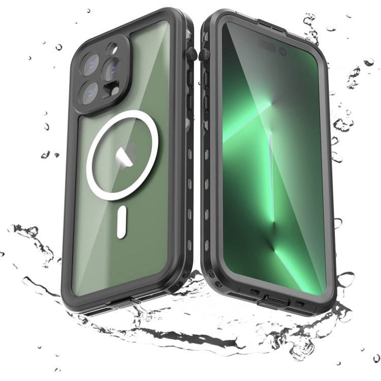 防水 iPhone 14 Pro ケース 360度全面保護 落下防止 Magsafe充電対応 防塵 耐衝撃 頑丈 ストラップホール付き クリア (iPhone14Pro, 黒)_画像8