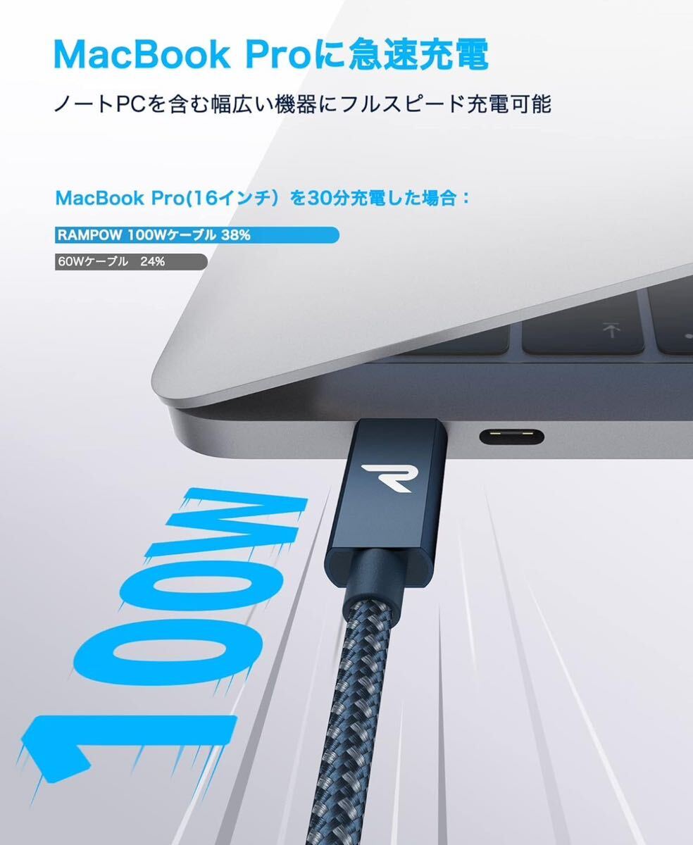 RAMPOW USB C ケーブル【100W PD対応/USB 3.2 Gen 2x2-20Gbpsデータ転送】PD3.0/QC3.0超高速充電 4K/60Hz 映像出力対応 ネイビー 1M