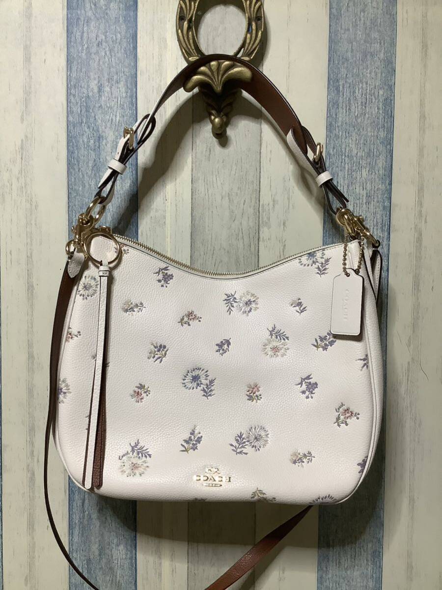 コーチ COACH 2WAY ショルダーバッグ　ハンドバッグ 花柄　レザー アイボリー　収納袋つき　カジュアル　レジャー　入学式_画像1