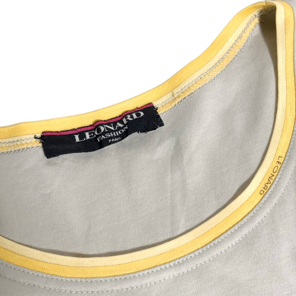 LEONARD レオナール Tシャツ カットソー 半袖 ロゴ 刺繍 L グレー イエロー レディース A16_画像5