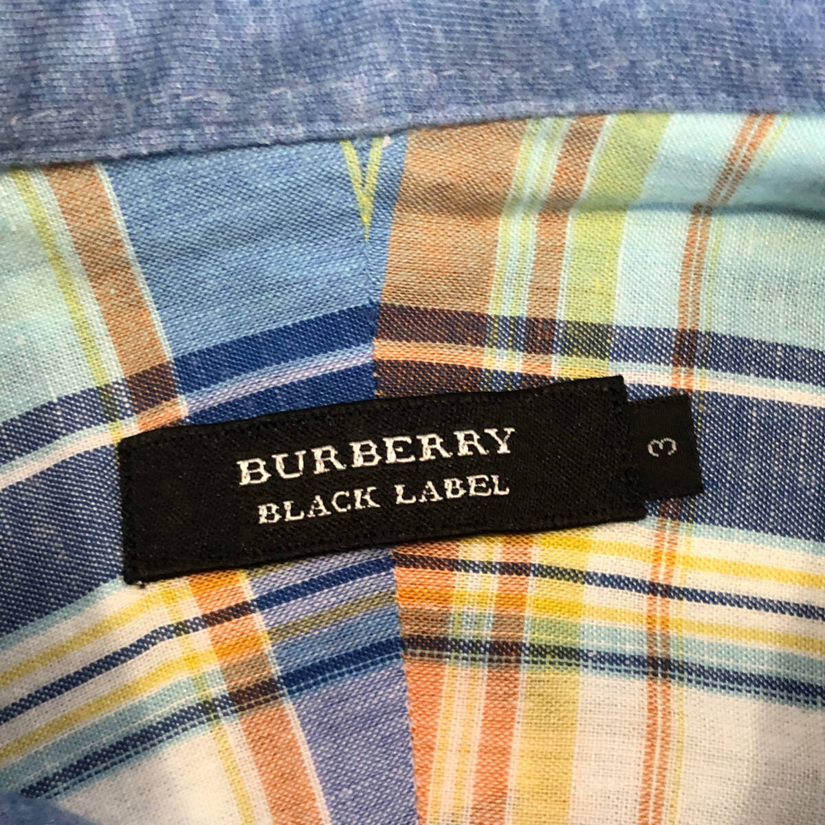 BURBERRY BLACK LABEL バーバリーブラックレーベル チェック シャツ 七分袖 3 青 水色 コットン リネン メンズ A15_画像7