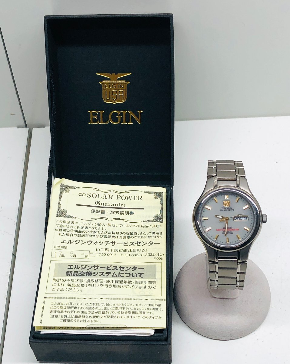 【稼働品】ELGIN エルジン ソーラー時計 FK-1201-C デイデイト DAY-DATE 100METERS TITANIUM 箱付きの画像1