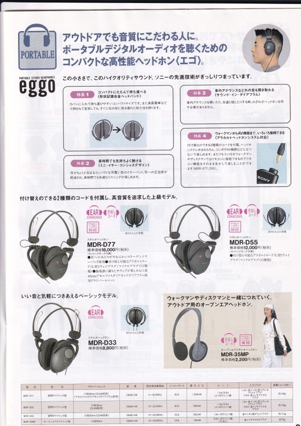 ☆カタログ　SONY　MDR-D77/MDR-CD3000/MDR-CD1000等 ヘッドホン　1995年 C4926_画像2