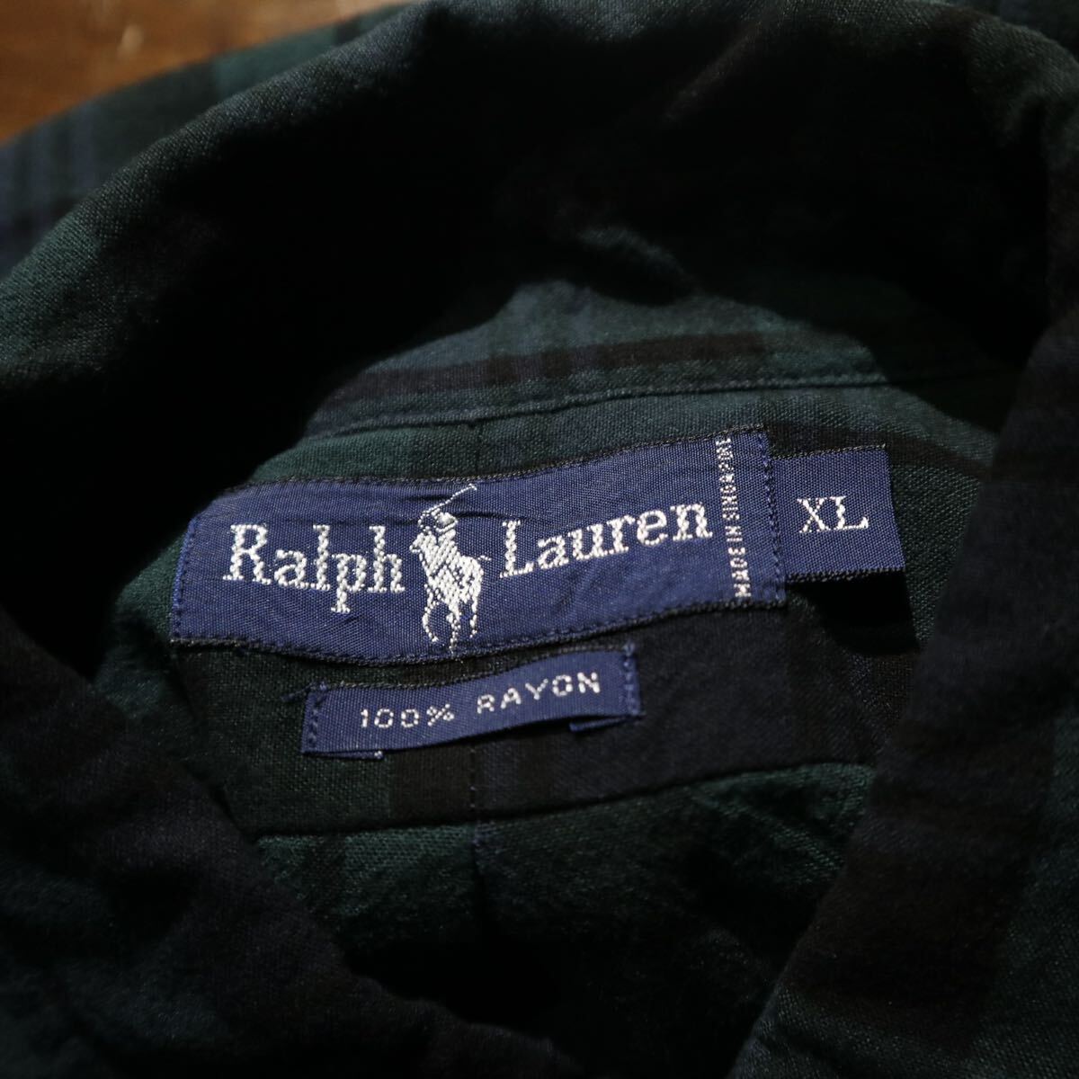 【即決】polo ralph lauren ラルフローレン レーヨン 長袖 B.D ボタンダウンシャツ ブラックウォッチ チェック グリーン ネイビー 古着 XLの画像7