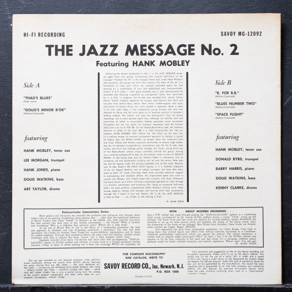 【米MONO盤】HANK MOBLEY 美品 JAZZ MESSAGE #2 ハンクモブレー SAVOY 名盤 LEE MORGAN / BARRY HARRISの画像2