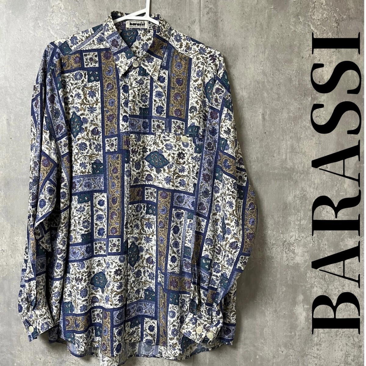 極美品【BARASSI】バラシ イタリア 一点物 総柄 アンティーク デザイン 長袖シャツ サイズM相当 総花柄 幾何学模様_画像1