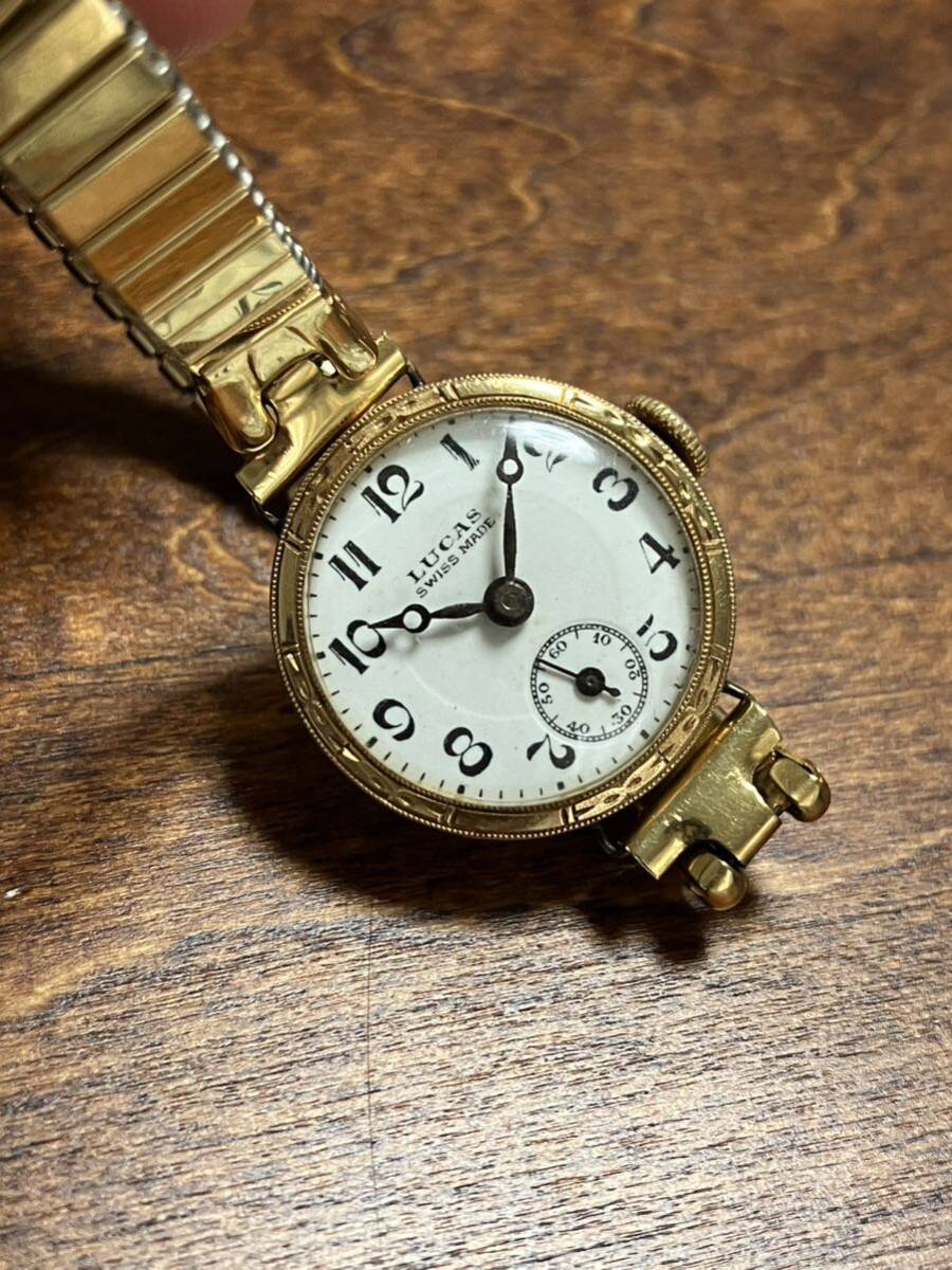 Lucas 手巻き k18 アンティーク メンズ腕時計 スモセコ アラビアインデックス ブレス半金無垢 稼働ジャンク 15石 彫金ケース 21.3ｇの画像1