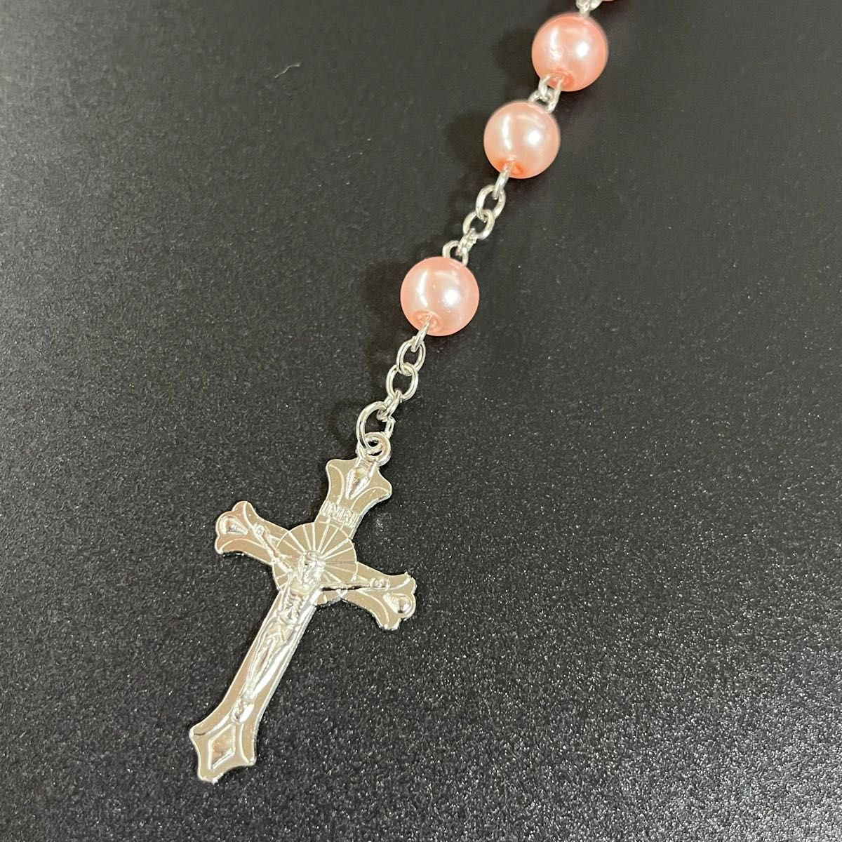 N017-h 十字架 クロス ロザリオ ロング ネックレス ビーズ マリア アクセサリー ピンク