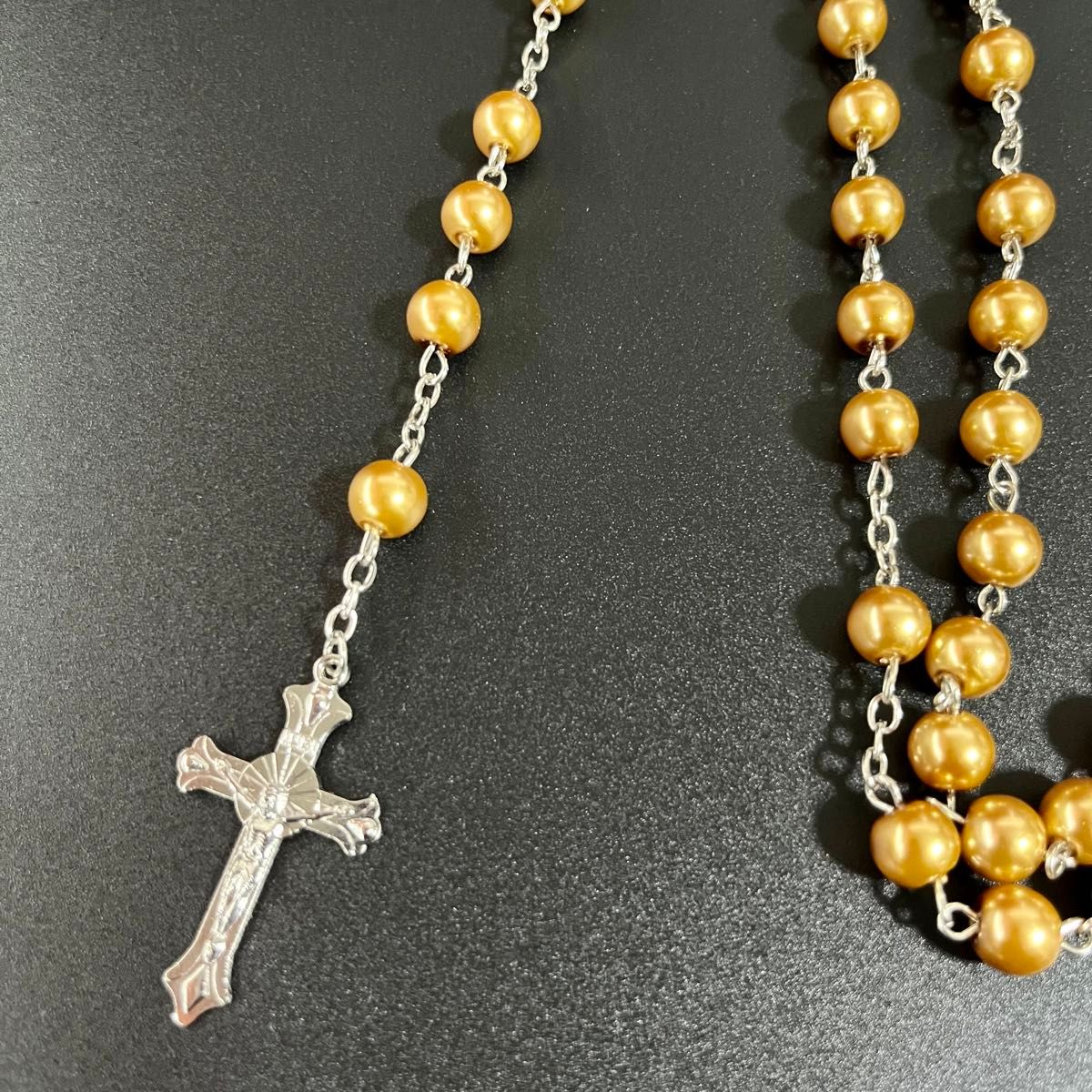 N017-b 十字架 クロス ロザリオ ロング ネックレス ビーズ マリア アクセサリー