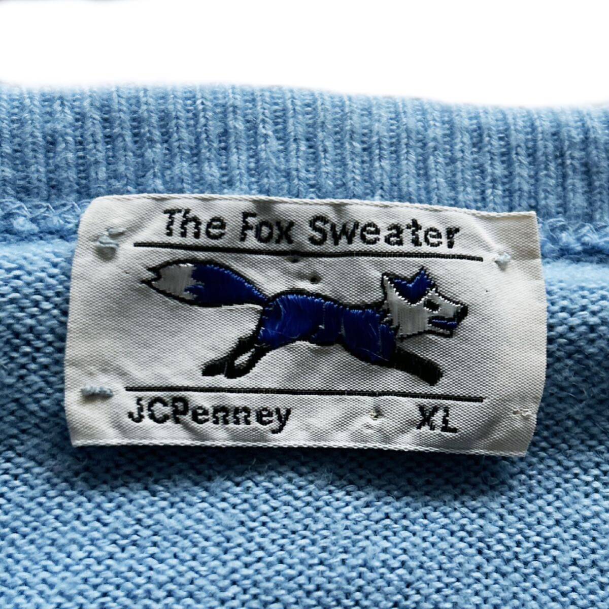 当時物 80's THE FOX JCPenney フォックス ヴィンテージ Vネック アクリル ニット セーター XLサイズ 水色 USA nirvana カートコバーン_画像7