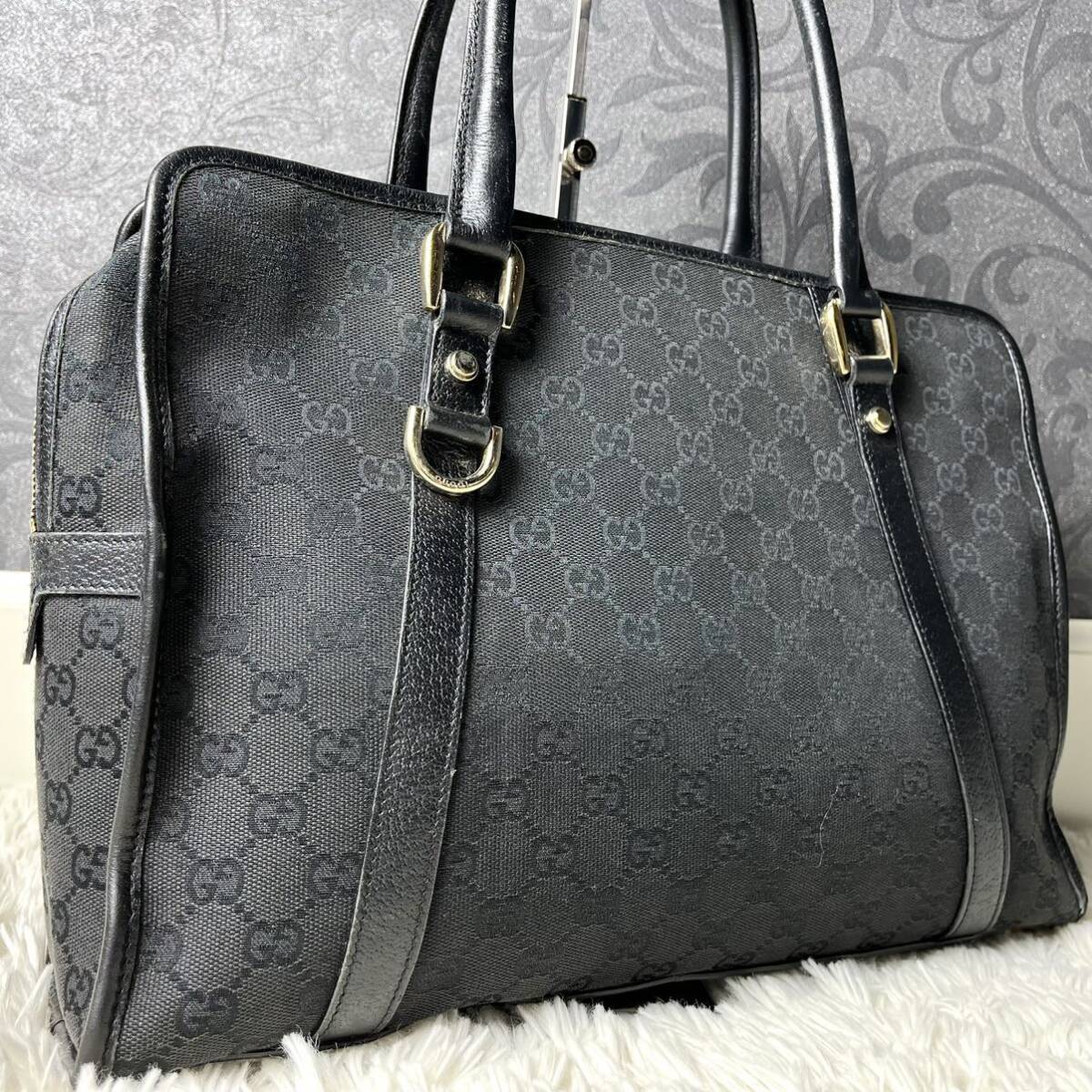 A4可●GUCCI グッチ トートバッグ キャンバス GG レザー ブラック 黒 ビジネス ブリーフケース メンズ 肩がけ 金具 通勤 大容量 美品_画像1