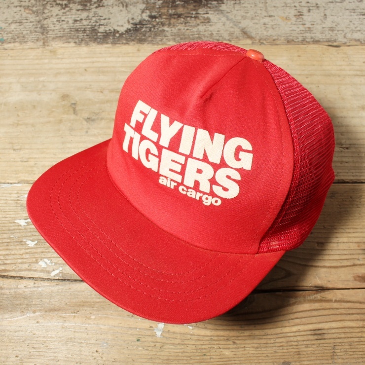 80s USA FLYING TIGERS air cargo プリント メッシュ キャップ 帽子 レッド フリーサイズ アメリカ古着_画像1