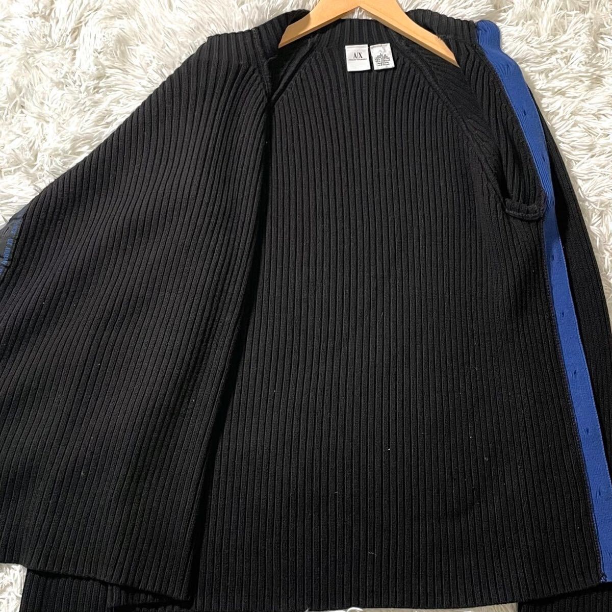 美品/サイズL アルマーニエクスチェンジ ARMANI EXCHANGE ニット セーター ボタンデザイン ハイネック ロゴライン ブラック 黒 ブルー 青 _画像3