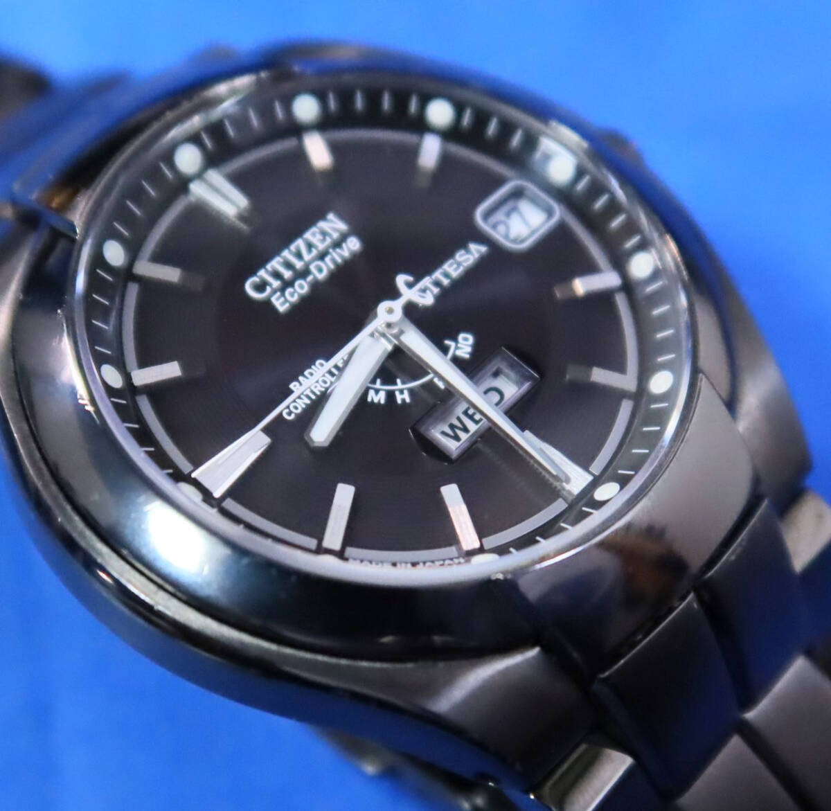 シチズン アテッサ ATD53-2773 電波ソーラー ブラックチタン デイデイト メンズ腕時計 中古完全動作品の画像5