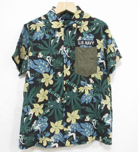 [AVIREX] Avirex *U.S.NAVY aloha shirt rayon made military *F/ lady's size 