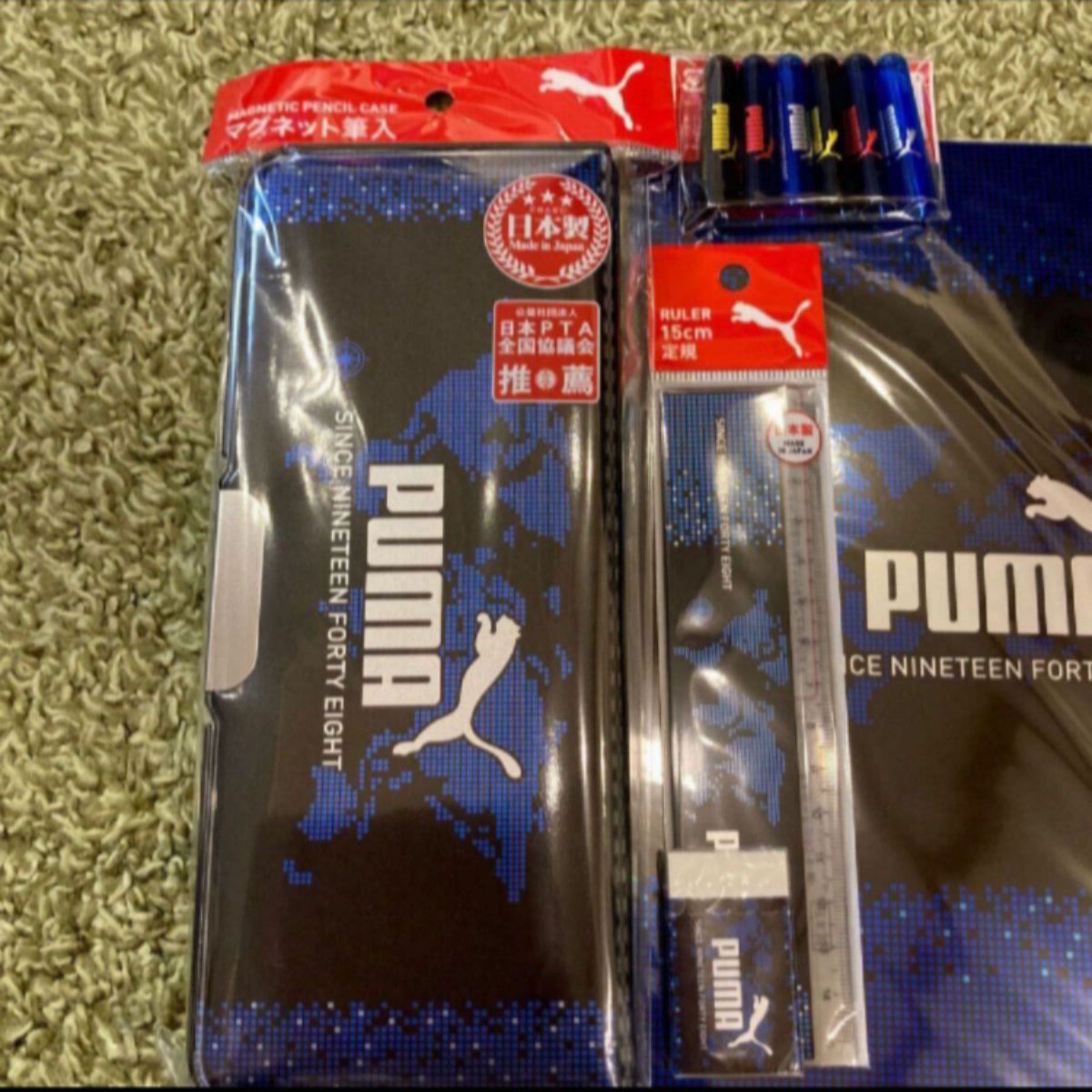 【新品】PUMA 文具セット　筆入れ　鉛筆　鉛筆キャップ　下敷き　消しゴム　定規　6点セット　プーマ