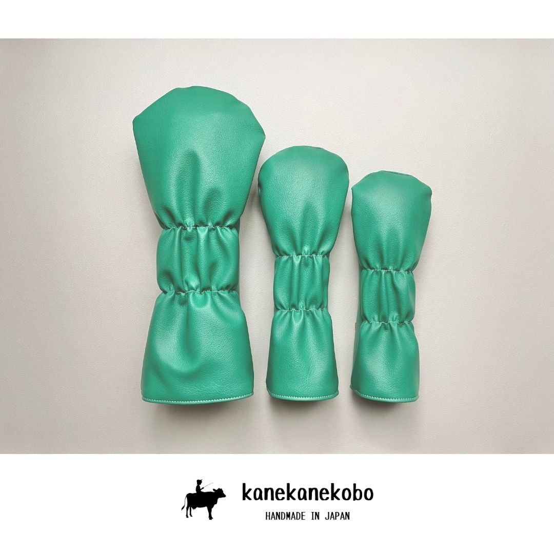 在庫処分　高級ソフト合成皮革ヘッドカバー３本セット　グリーン・国産ヌメ革使用　kanekanekobo_画像2