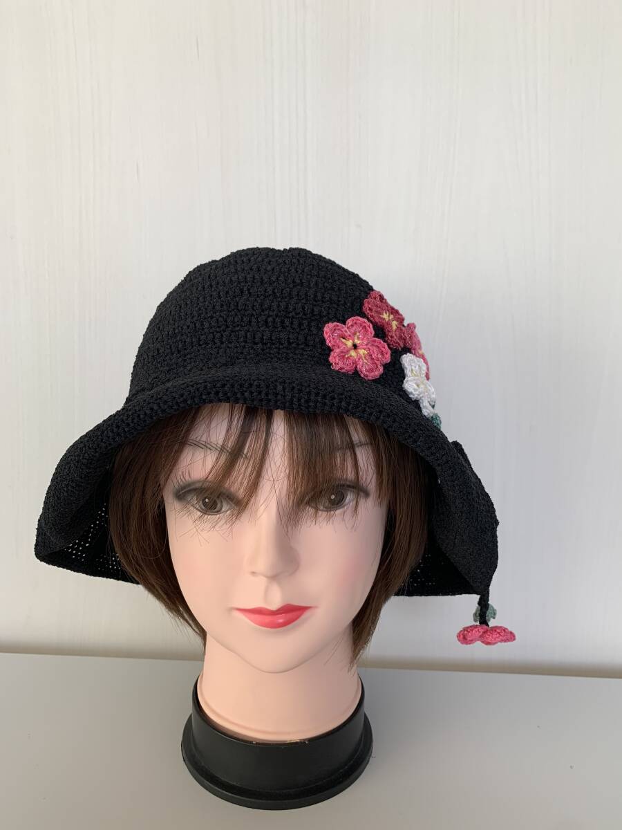 黒、大人かわいいブリム帽子、花、夏素材 ハンドメイド_画像8