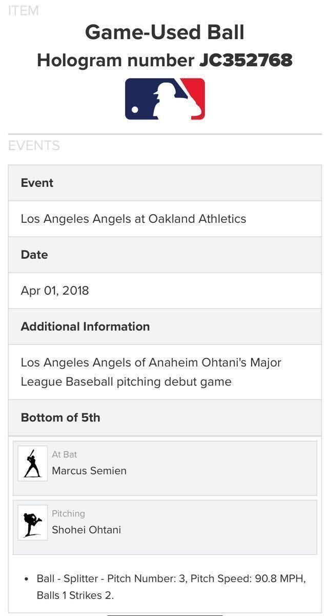 伝説超激レアMLB初登板初勝利大谷翔平ピッチャーデビュー投球ボール20184/1実使用開幕戦奪三振直筆サイン無WBCドジャースMVP証明エンゼルスの画像2
