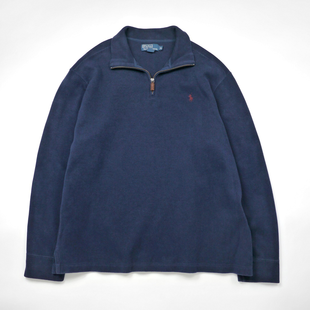 90s POLO RALPH LAUREN XL Vintage Old Ralph Lauren po колено вышивка половина Zip тренировочный футболка большой размер темно-синий б/у одежда 