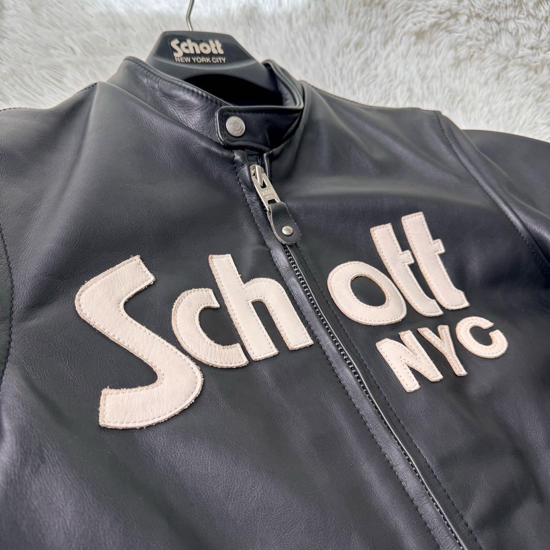 【極美品 希少】サイズＬ●schott ライダースジャケット レザー 本革 ビッグロゴ ブラック 黒 ショット アウター ブルゾン 裏地総柄_画像3