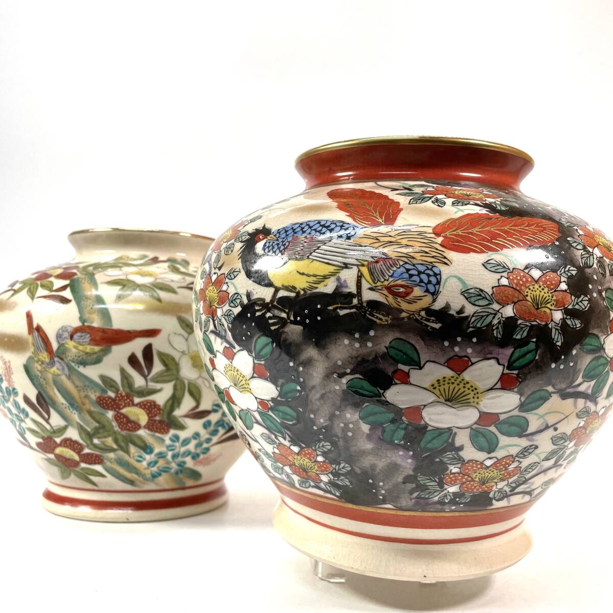 1063 九谷焼 色絵花瓶 花鳥図案 時代物 Yahoo!オークション - 九谷焼 花瓶 2点 金彩色絵 鳥花紋 紅白椿