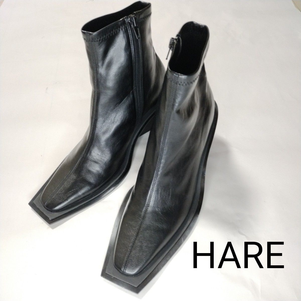 未使用【HARE】スクエアトゥロングブーツ  XLサイズ 大きめ ブラック レザー レア☆デザイン 希少品
