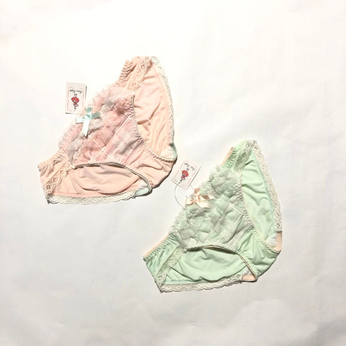 【Risa Magli】リボン&フリル　チェック模様　ピンク・グリーン　ショーツ　2枚セット　Mサイズ♪