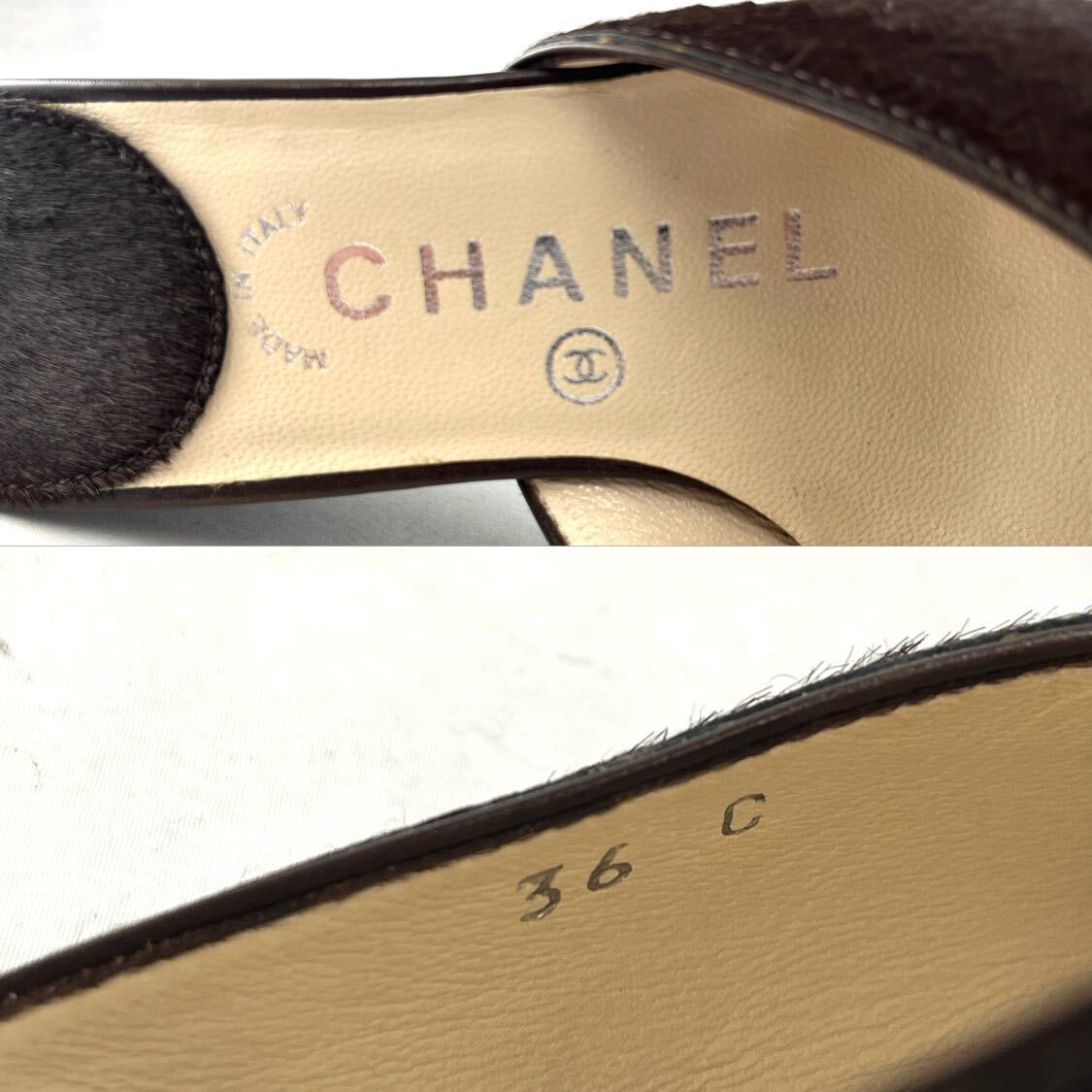 ★極美品 CHANEL シャネル ハラコ ミュール パンプス シューズ ヒール 靴 ココマーク ブラウン レザー サイズ36C ヴィンテージ 希少_画像10