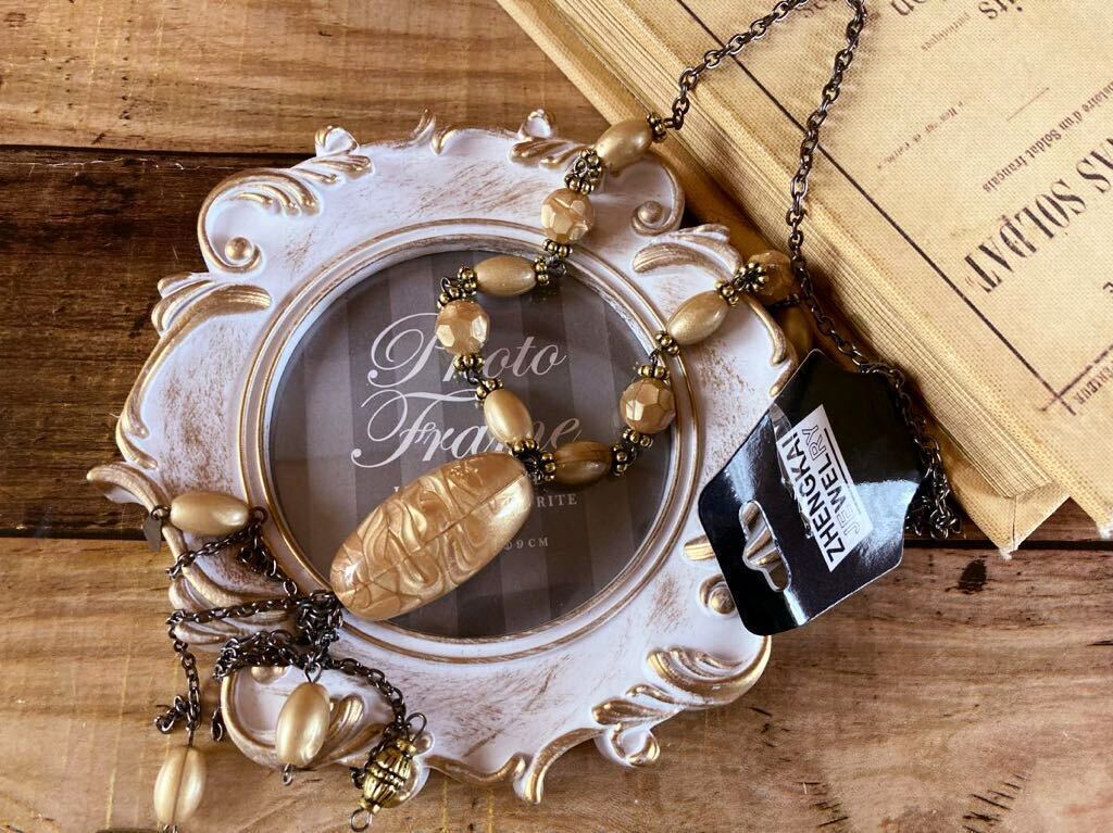 未使用 上品 ネックレス アンティーク ペンダント ベージュ系 ロング アクセサリー antique necklace pendant vintage accessory G_画像2