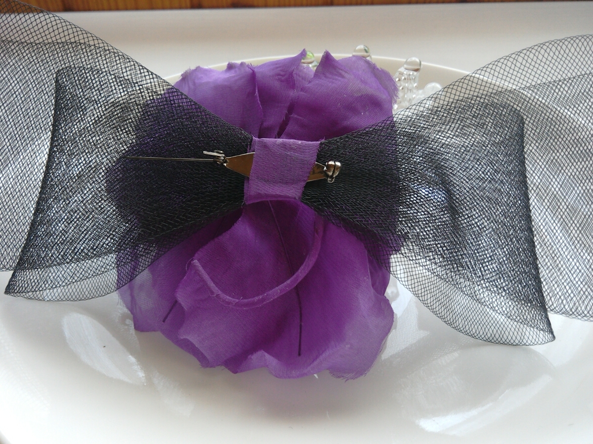  largish flower ribbon corsage purple black dance costume . hair ornament also! lady's accessory decoration B