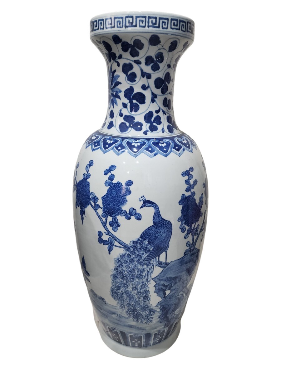 中国美術 染付 花器 花瓶 陶器 壺 時代物 中国 骨董　高さ63cm
