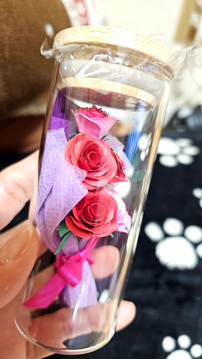 ペーパーフラワー薔薇 花束アレンジ 瓶入り(レッド&ピンク)ハンドメイド