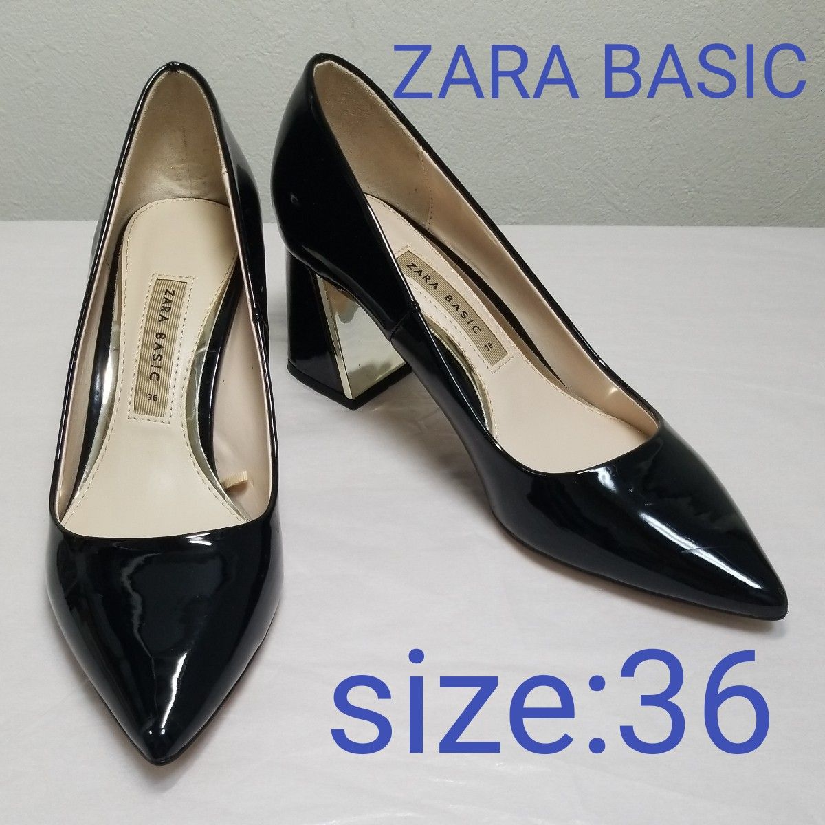 【箱無梱包】ZARA BASIC ザラベーシック エナメルパンプス チャンキーヒール ポインテッドトウ メタルヒール