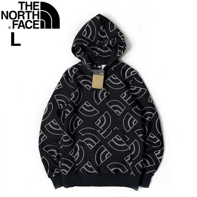 1円～!売切!【正規新品】THE NORTH FACE◆ALL OVER PRINT HOODIE パーカー US限定 裏起毛 ハーフドームロゴ 男女兼用(L)黒 総柄 181130-35_画像1