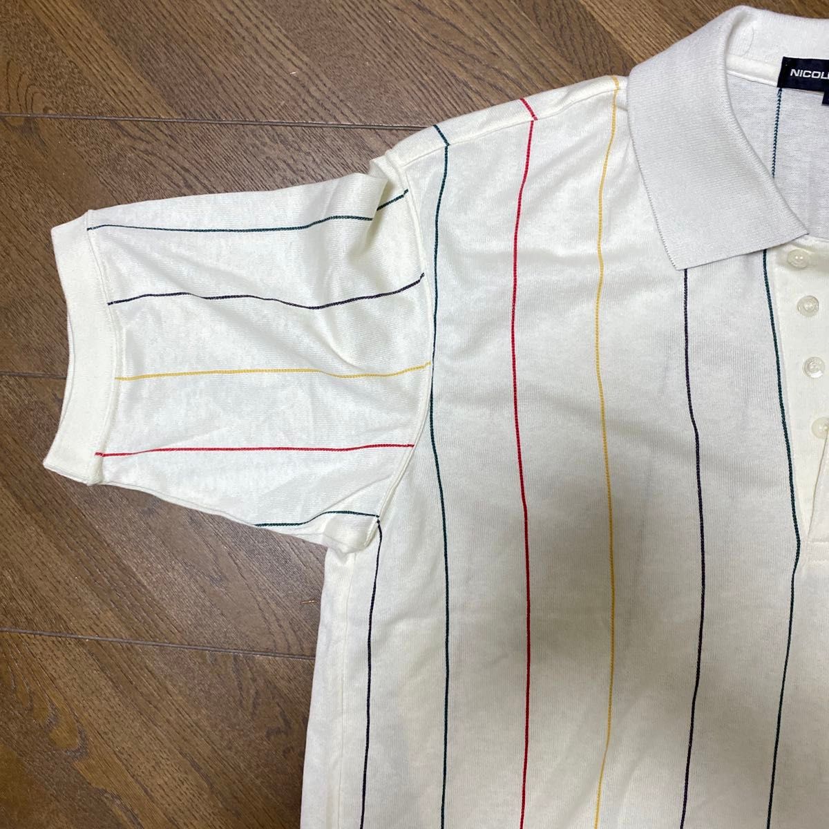 【NICOLE SPORTS】ニコルスポーツ　ストライプ半袖ゴルフポロシャツ　白　LL ゴルフウェア　日本製 半袖シャツ