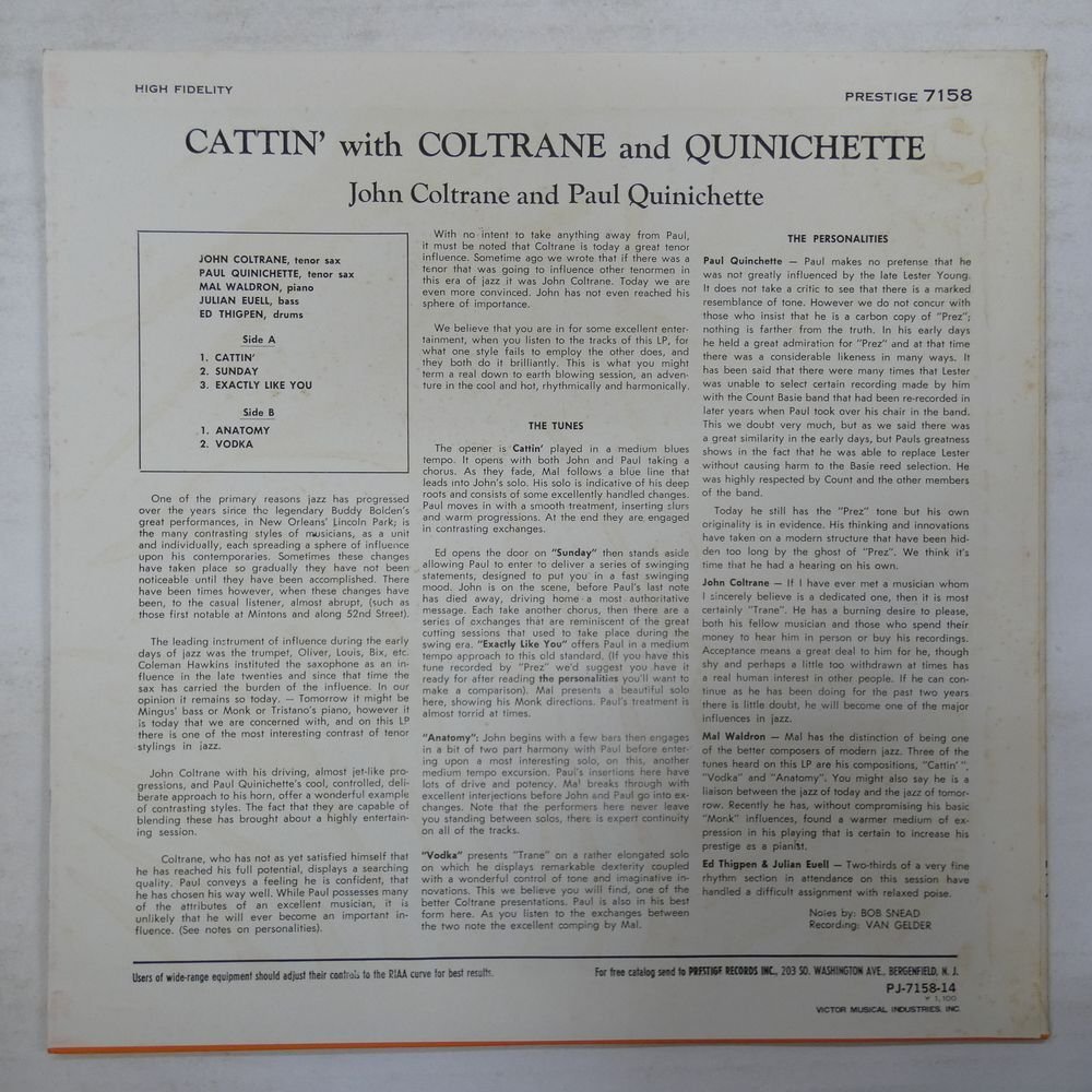 47053065;【国内盤/Prestige/MONO】John Coltrane, Paul Quinichette / Cattin' with Coltrane and Quinichette_画像2
