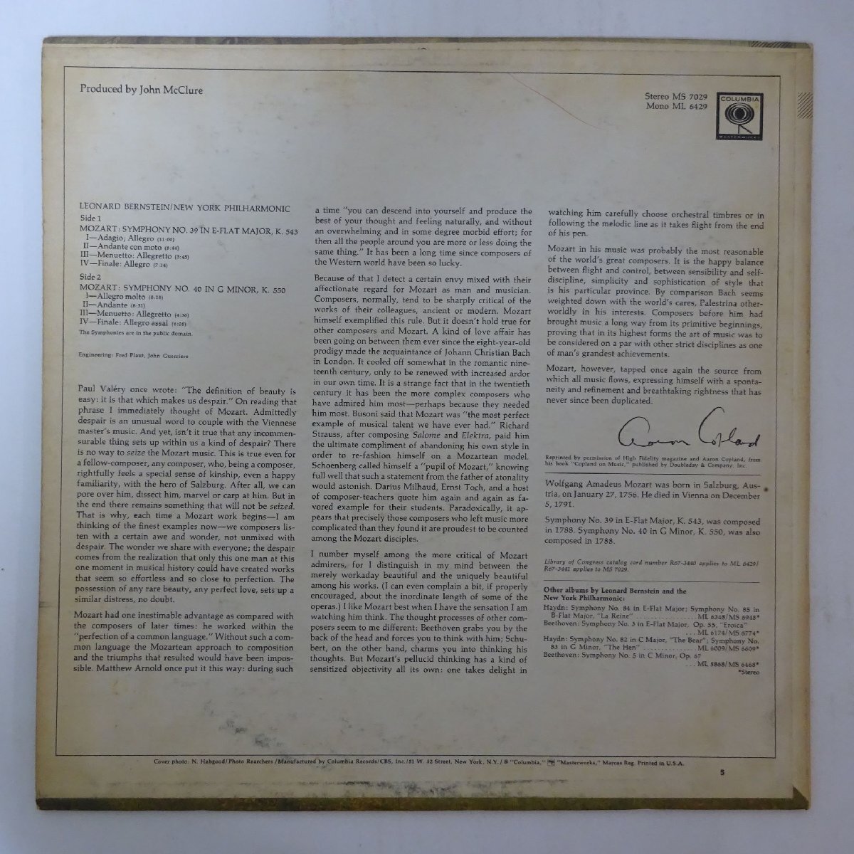 19059385;【米COLUMBIA/MS/2EYES初出】バーンスタイン モーツァルト/交響曲第39&40番_画像2