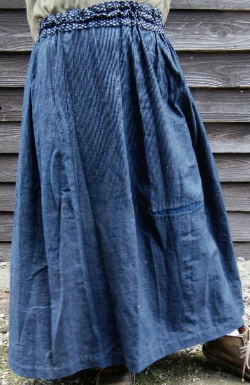古布木綿藍染縦縞スカート　ウエスト部分ゆきんこ絣　ポケット1個