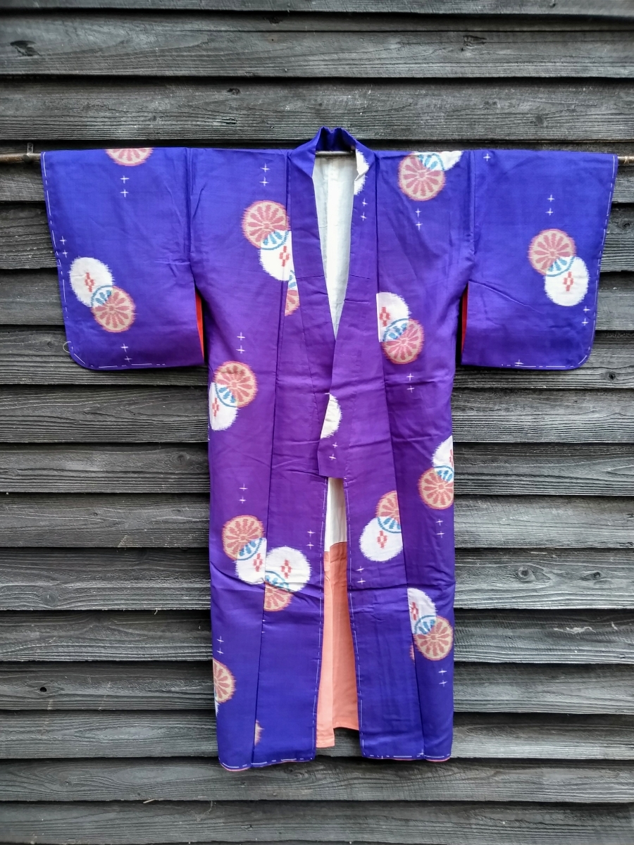 大正ロマン　紫が鮮やか正絹木綿混織　綺麗な絣　しつけ糸付