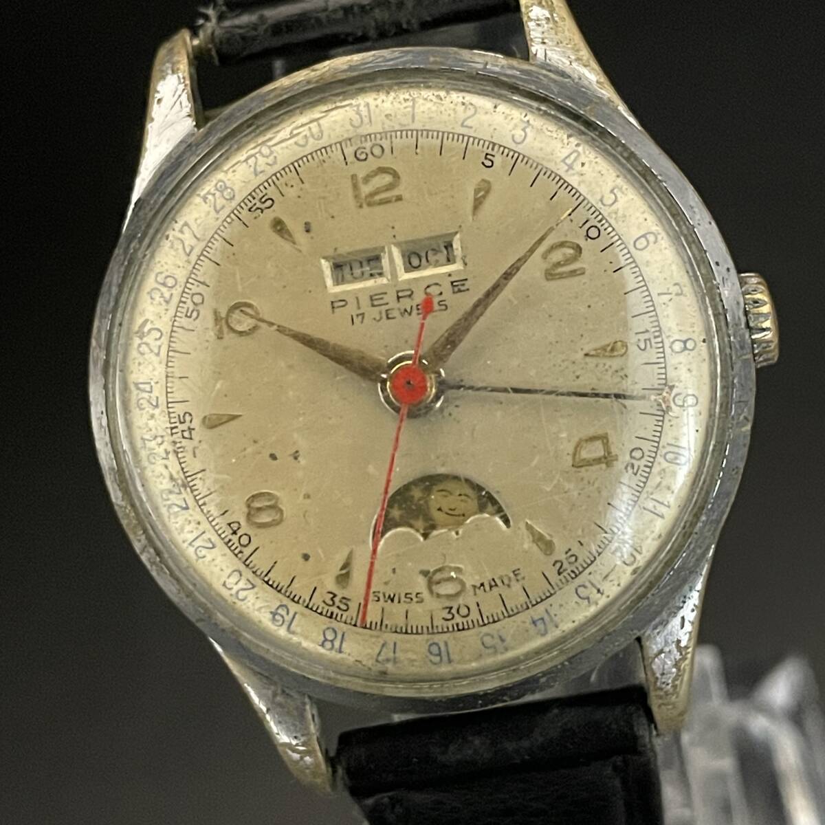 [ super valuable ]PIERCE/pi earth /32./ hand winding / men's wristwatch /1950*s/ Triple calendar / moon phase / antique / original / gentleman / present condition delivery 