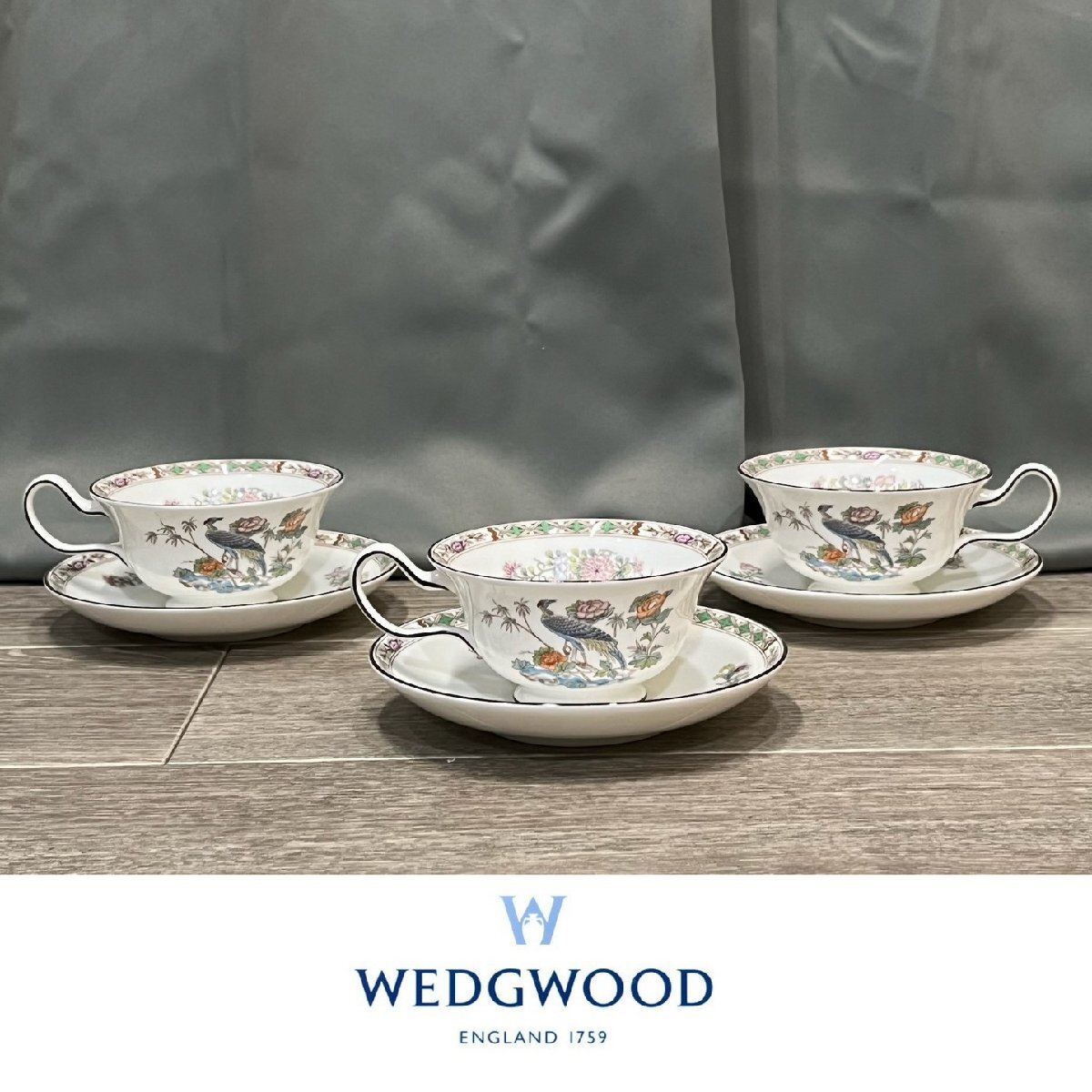 8730 WEDGWOOD ウェッジウッド KUTANI CRANE カップ&ソーサー 3客セット クタニクレーン_画像1