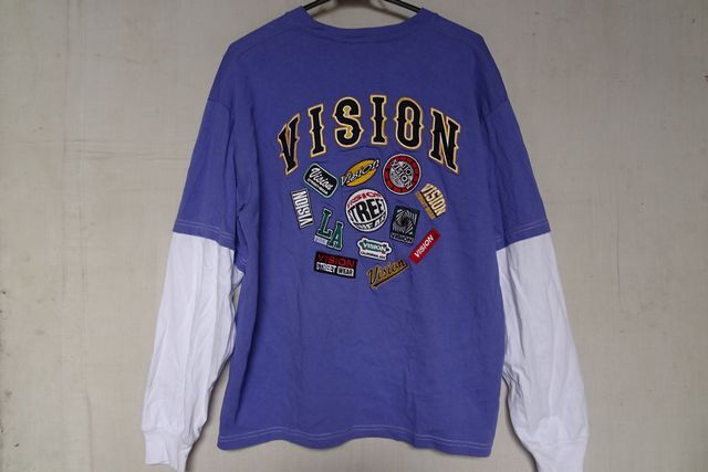 VISION STREET WEAR/長袖レイヤードTシャツ/ロンT/カットソー/重ね着風/ワッペン風ししゅう/カジュアル/ラベンダー/白/Mサイズ(3/18R)_画像2