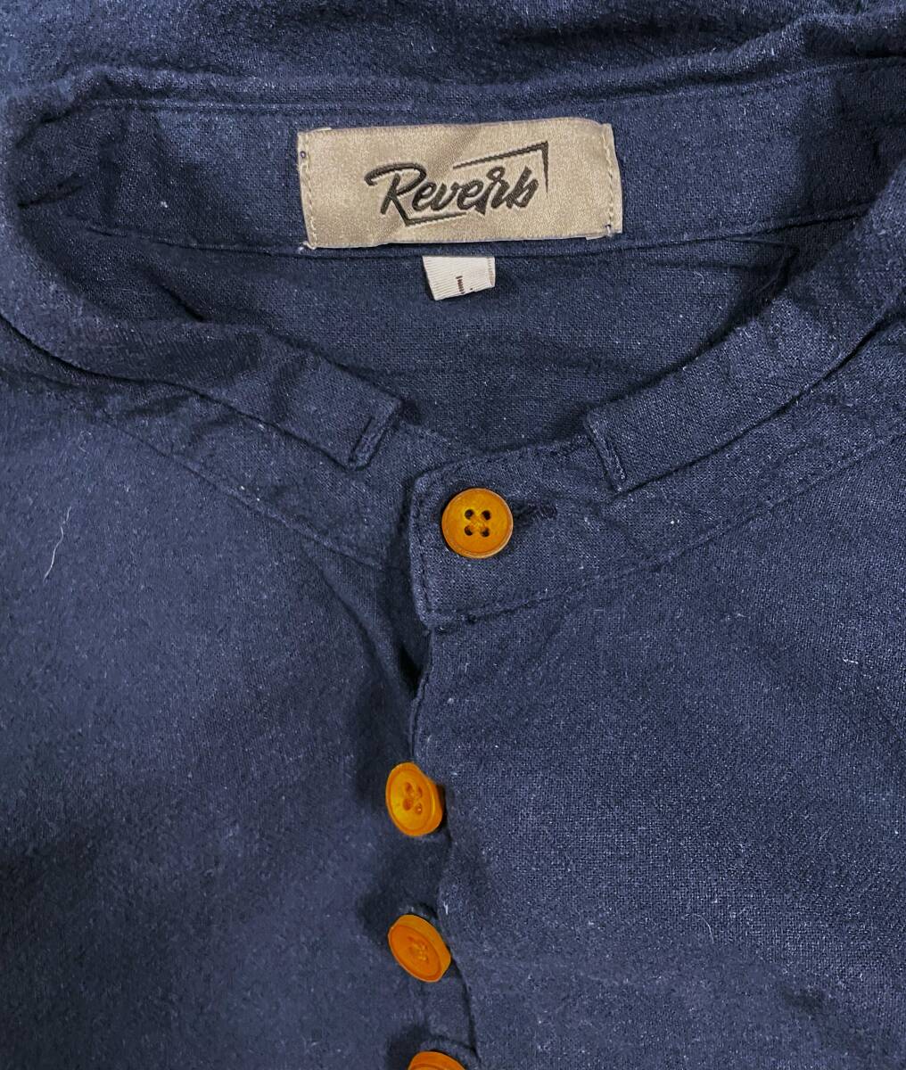 E-1242 本場アメカジ輸入古着シャツ REVETH ネイビーの長袖バンドカラー隠れボタンデザインシャツ 腕捲りボタン付き L (US-FIT) の画像4