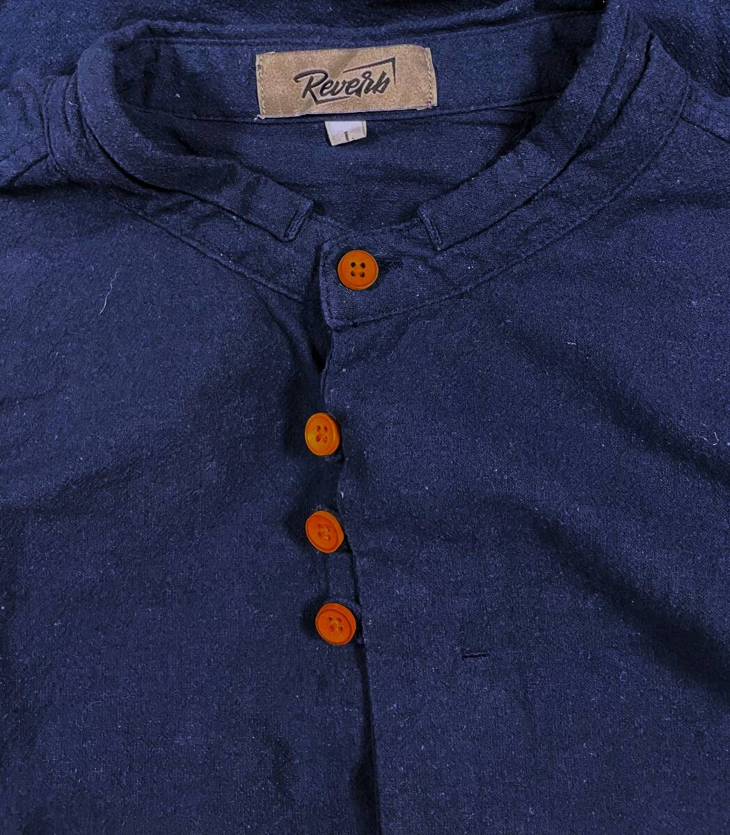 E-1242 本場アメカジ輸入古着シャツ REVETH ネイビーの長袖バンドカラー隠れボタンデザインシャツ 腕捲りボタン付き L (US-FIT) の画像3