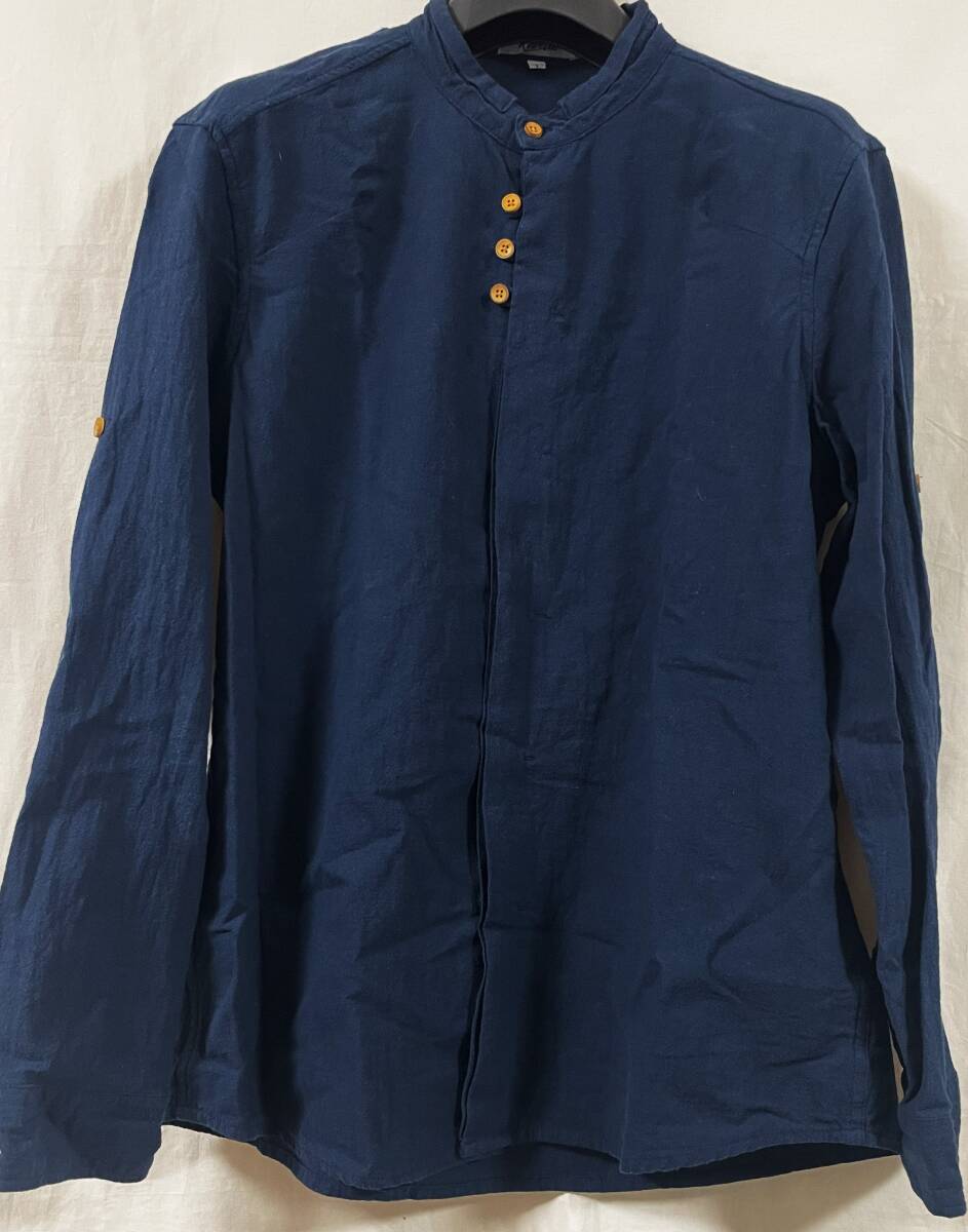 E-1242 本場アメカジ輸入古着シャツ REVETH ネイビーの長袖バンドカラー隠れボタンデザインシャツ 腕捲りボタン付き L (US-FIT) の画像1