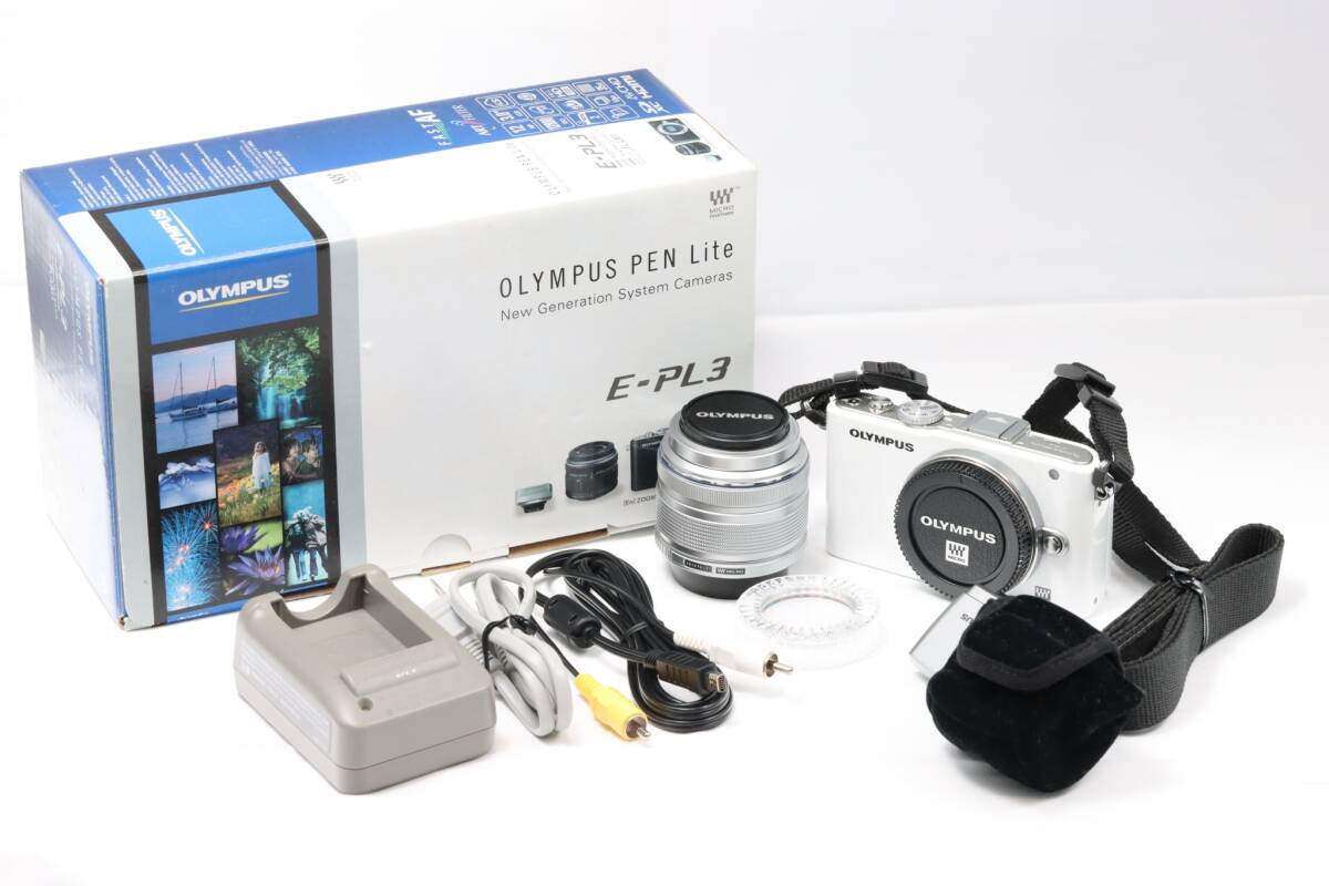 ★動作品 美品★Olympus PEN Lite E-PL3 レンズキット レンズ 元箱 バッテリ チャージャ ストラップ フラッシュ 取説 CD付_画像1