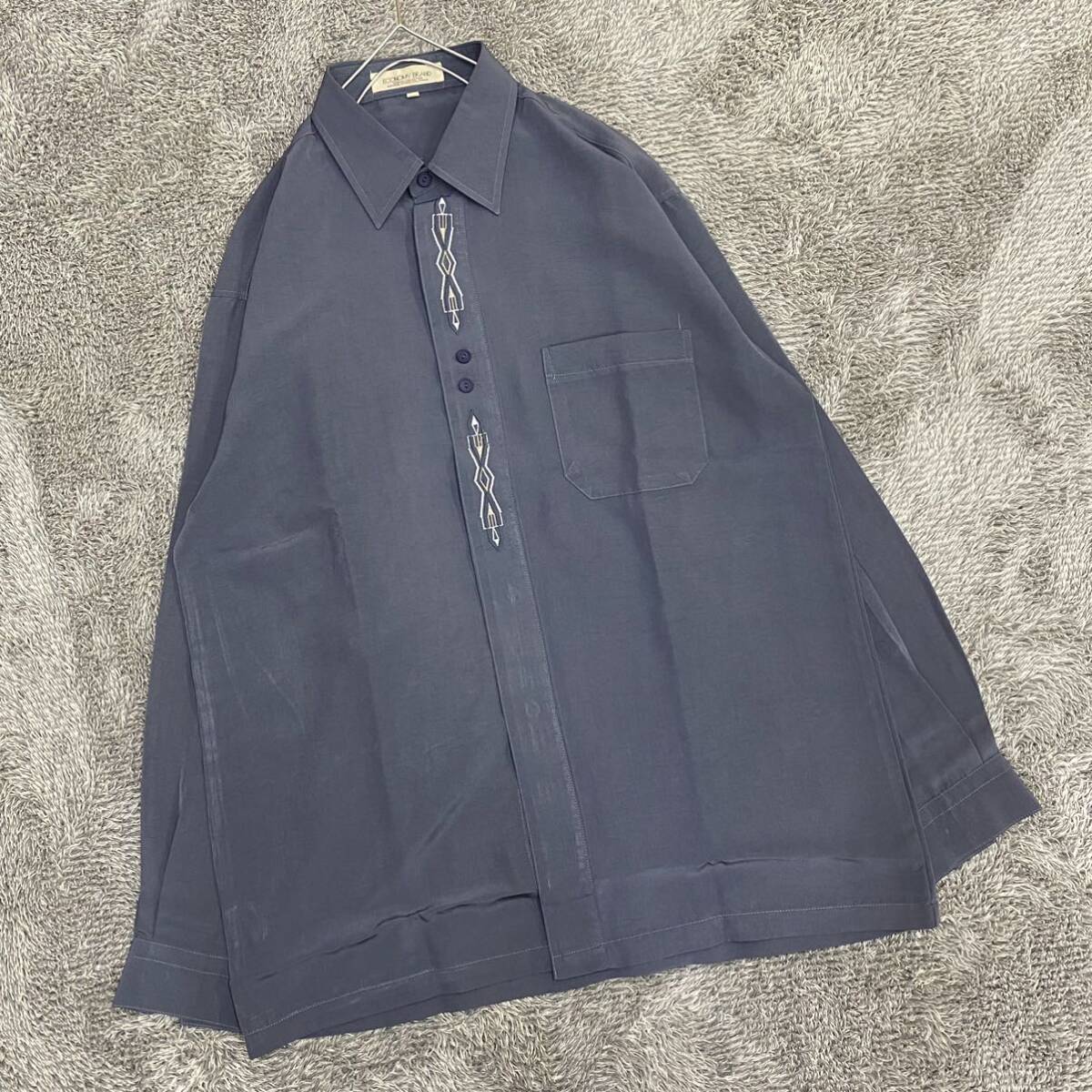 VINTAGE ヴィンテージ 長袖シャツ デザインシャツ サイズM ネイビー 紺色 メンズ トップス 最落なし （E18）の画像1